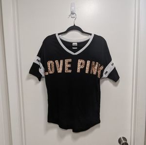 VS Love Pink Sequin V Neck Logo Cotton Blend Top